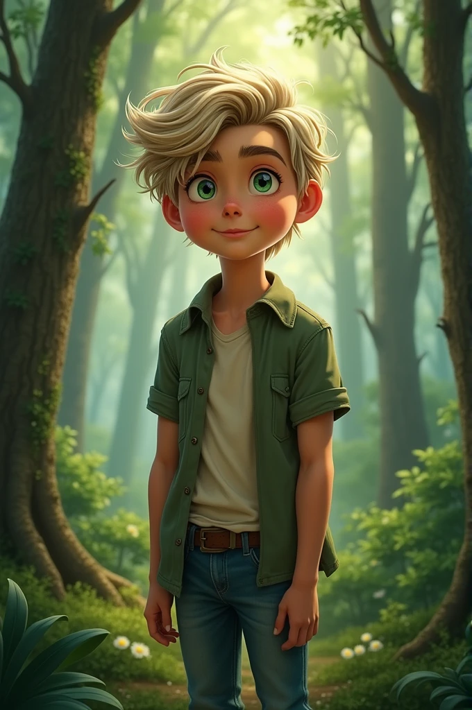 Davi um jovem menino, de cabelos loiros enrolados, olhos azuis, vestindo uma camisa branca e roupa verde, that is standing in the grass, with a mysterious map in hand, looking at the map at hand, roupas de aventureiro, no meio da selva, menino com cabelos loiros enrolados, olhos azuis, desenho animado