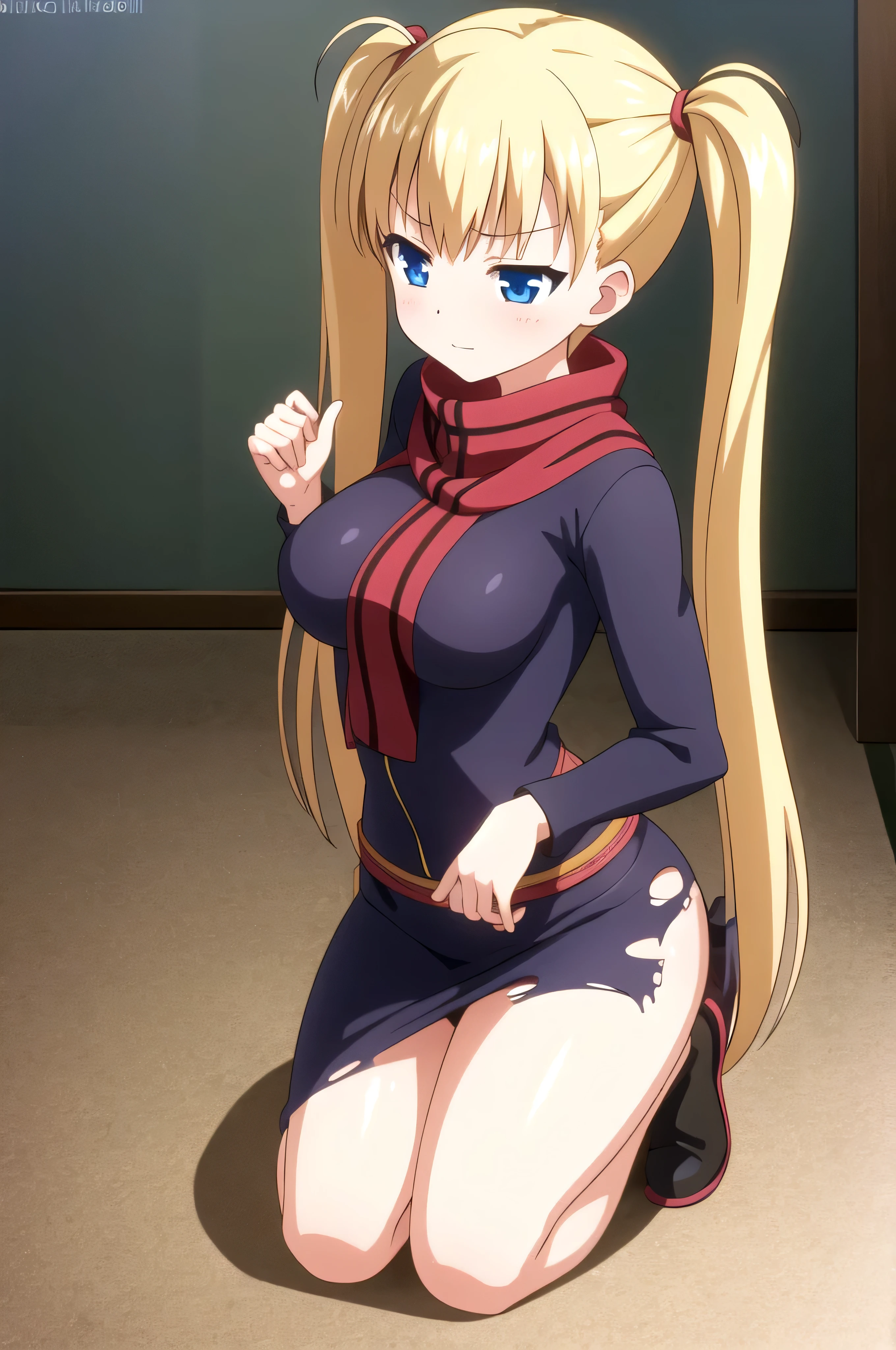 (masterpiece, Best Quality:1.2), absurdities, perfect anatomy, owtech, stylized, solo Airi Akizuki, blunt bangs, Focus only, Soft lighting, (blue eyes), blonde hair, very long hair, twintails, breast, A beautiful and seductive girl, sexy body, bustyPetite, sexy, provocative, kneeling, poop siting, witch, witch clothes, torn clothes,