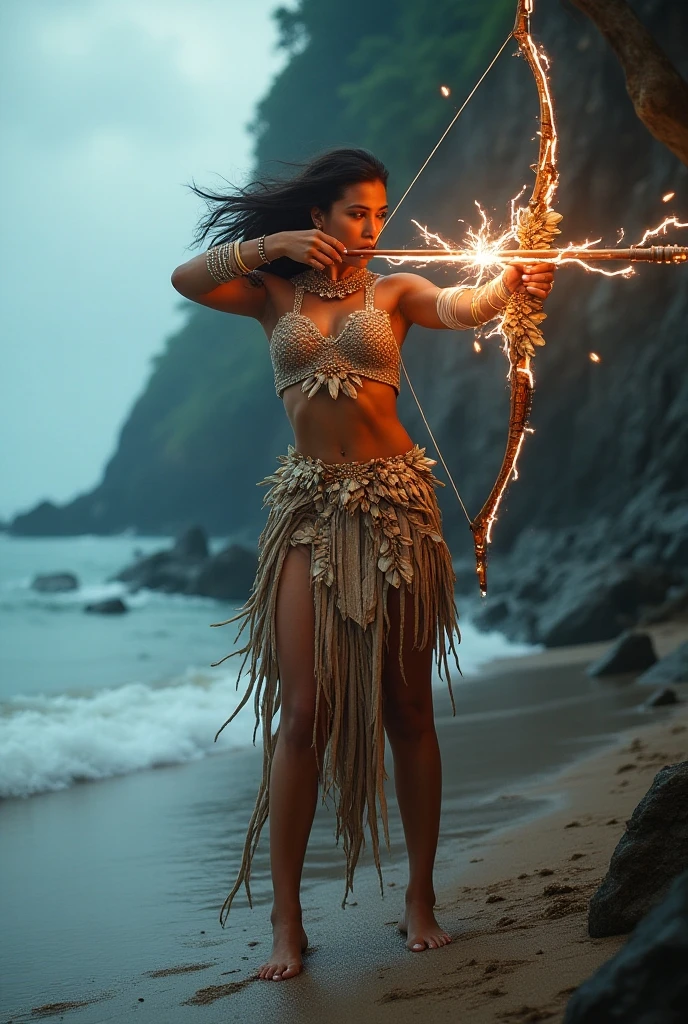 Silhouette of a woman holding a trident and emerging from the fire