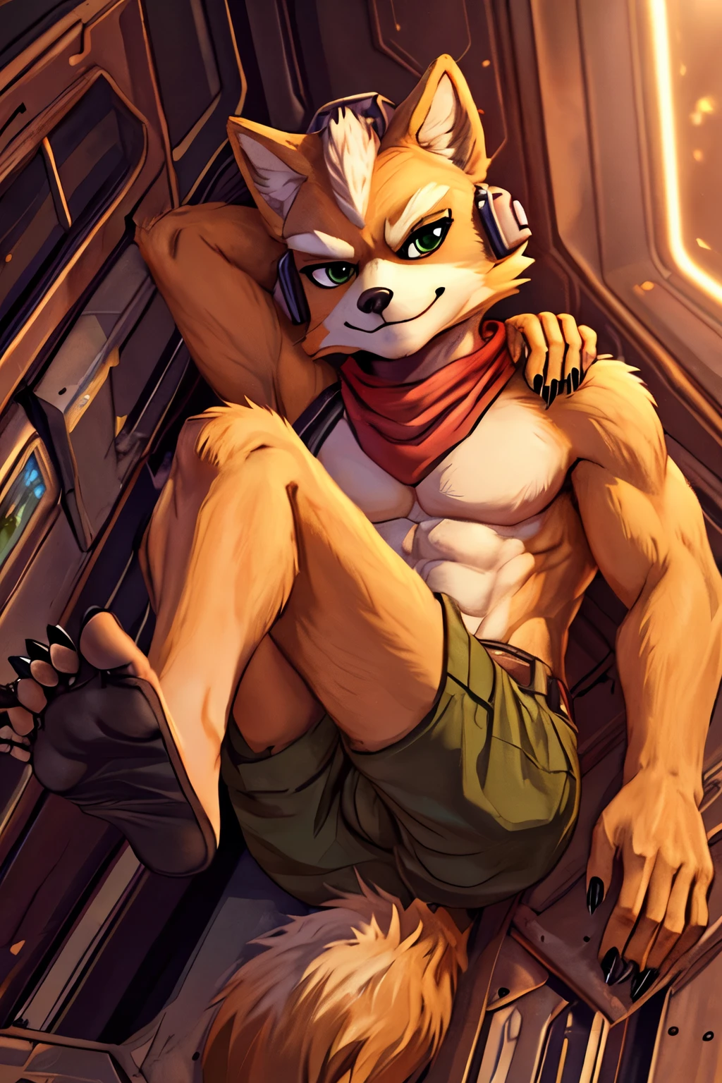 Starfox, FoxMcCloud, ((brown fur)) (black footsoles) ((black soles)) ((humanoid feet)) male, lying with legs ((five toes)) ((long nails)) plantigrade, (tail), handsome, cinematic, solo, (thin), (shaded), (detailed eyes): boxershort (fox)) ((black nails)) ((long nails)) ((legs up against shoulders)) (red boxershort)