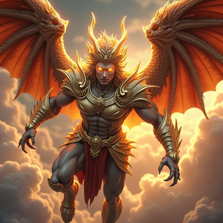 Male Young golden half-dragon demon wizard, wearing red formal robes, serious face with a smile, athletic body, Brown skin, dragon wings in his back, holding a grimoire on his right hand, flying in the open sky with elemental energies around you, magic energy aura around his, long hair brown, Gold scales in his body, detailed image, more draconic, HD image.
