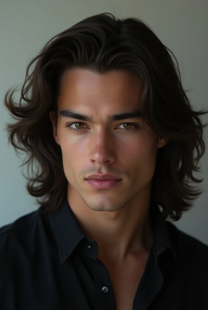 man who is 20 years, white race, masculine features, the most beautiful man, long jet black hair, hunting dark purple eyes, angel beauty, angel, eyes hunting, hot body, sexy