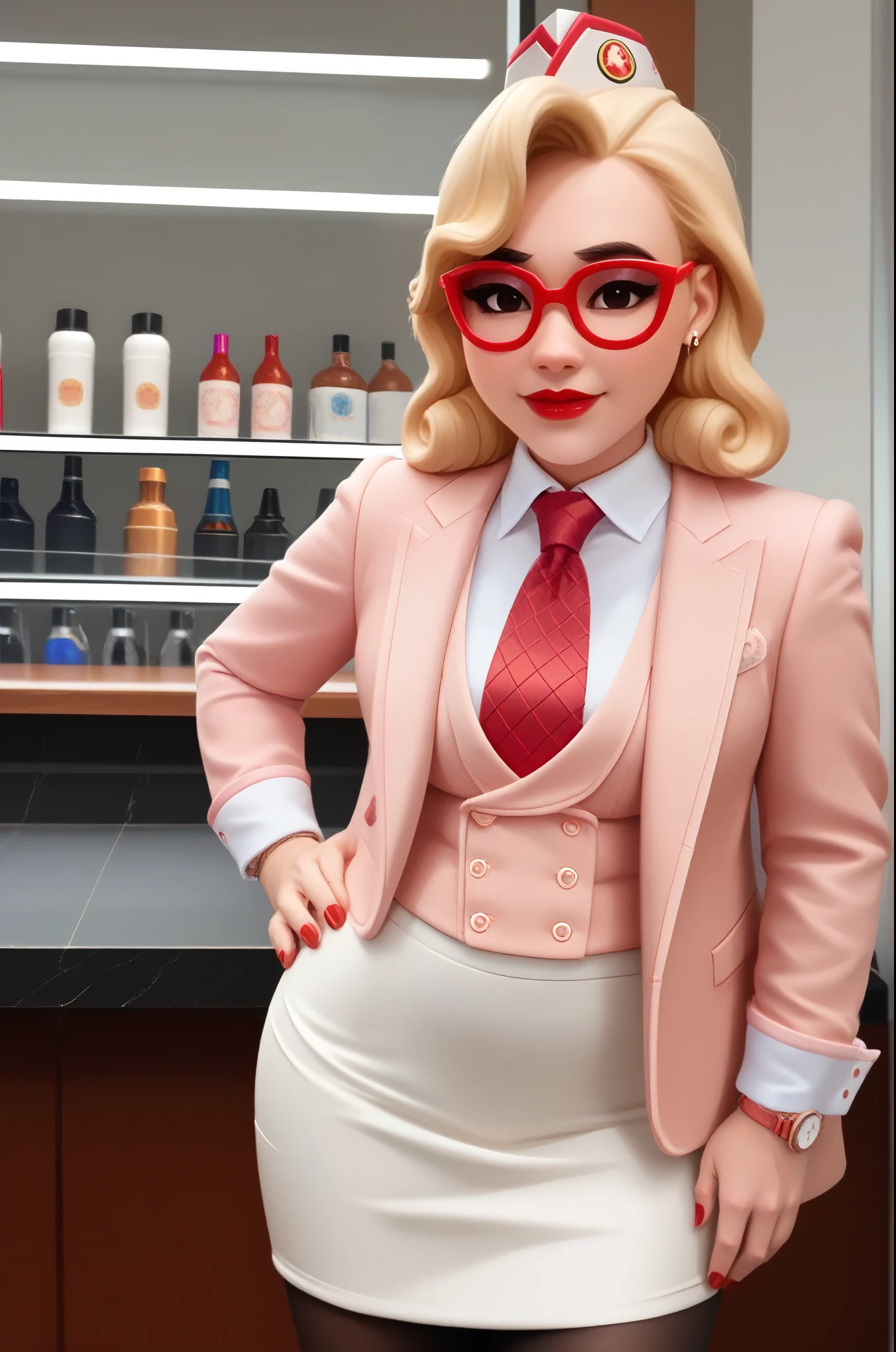 score_9, score_8_up, score_7_up, 1girl, sprinkles mei, mei (overwatch),  three-piece suit, 1girl, solo, blonde hair, glasses, sprinkles mei, smile, pretty, formal, jewelry, white skirt suit, red silk necktie, earrings, jacket, shirt, standing, hand on hip, window, black eyes, watch, jacket, wristwatch, white shirt, red lips, skirt, (((bodycon pencil skirt))), makeup, black pantyhose, cufflinks, red nails, fully clothed, red lipstick,   in a 50´s restaurant, long sleeves