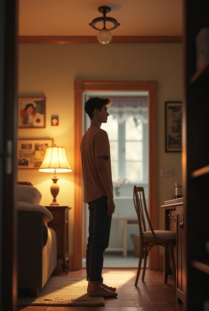 A 13 year old boy in his room in the rainy night by the window watching the viewer handsome boy slim thin face strong chest defined slender torso naked shy white blue eyes bright lus of candles pendulum clock on the wall with roman numerals