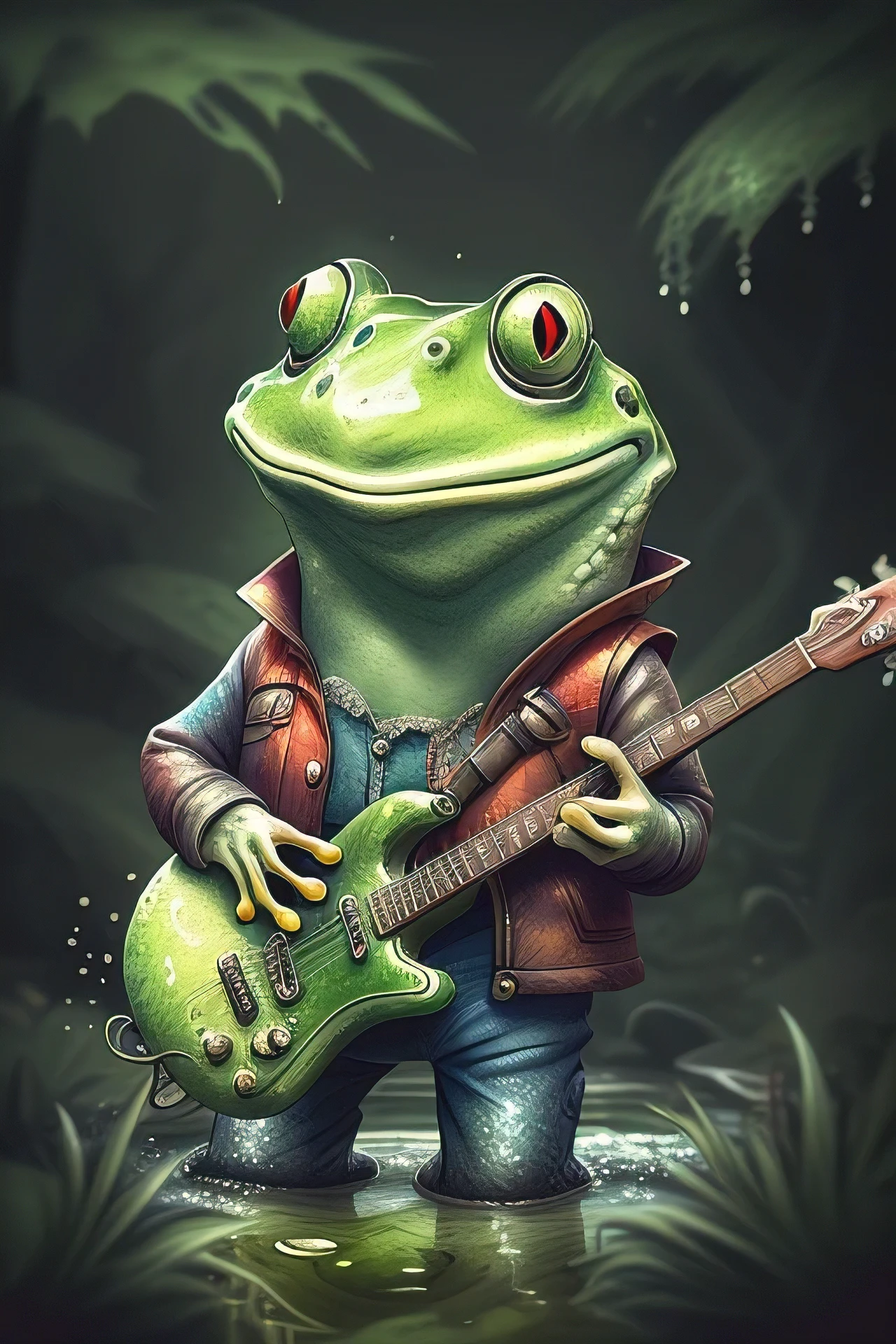 "A funny frog amphibian playing guitar in a coniferous swamp, mysterious atmosphere, filtered light, realistic details, deep guitar texture, dense foliage, subtle shadows"