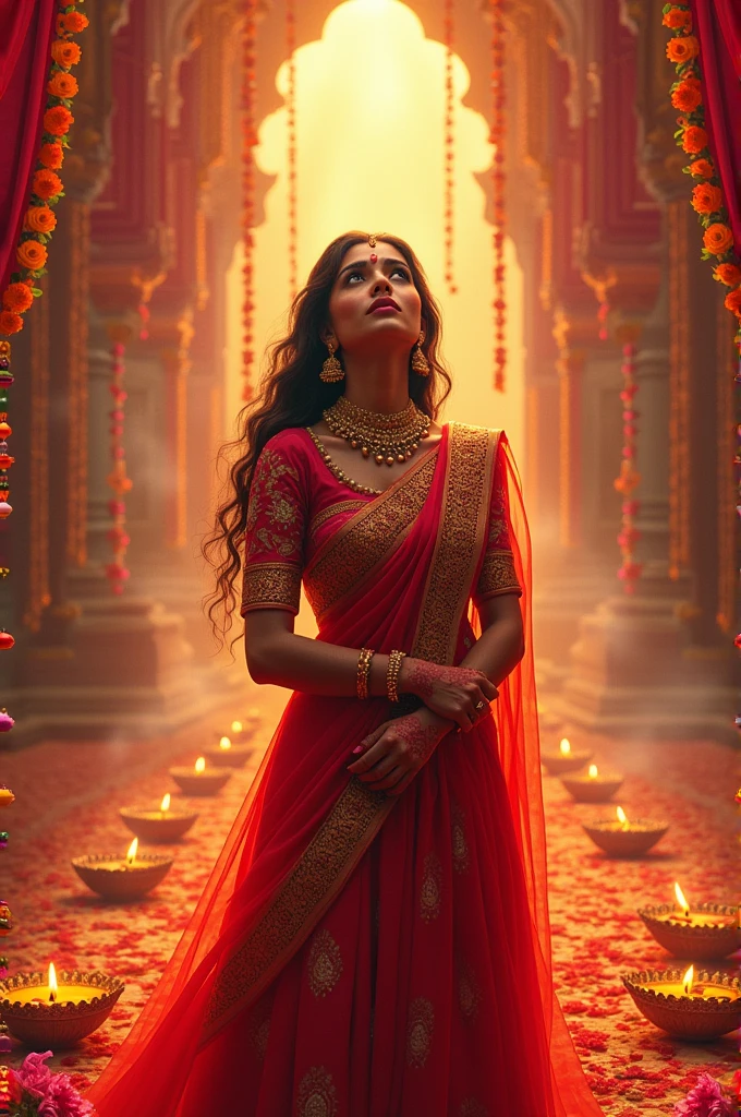 A mother wearing red saree, dancing in pooja room, navel visible