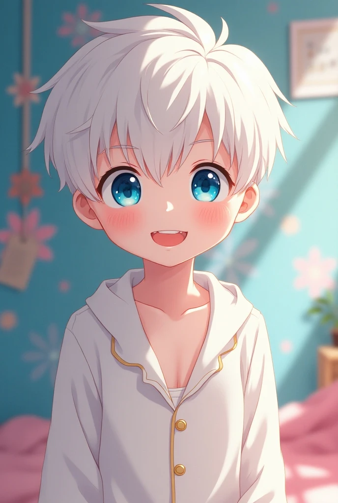 Shota with white hair, Starry sky , yo, Blue Eye, spiky hair, 1 boy, 15o, Solo, Looking at Viewer, (masutepiece:1.4), (Best Quality:1.4), Indoors, Sitting, Short hair, (Wavy Hair:0.9), (Happy face), Sunlight, Shiny skin, White and gray hair, Spiky hairstyle, Wearing pajama satin, The material is shiny, Open legs, White socks, Upper body,Bulge,
