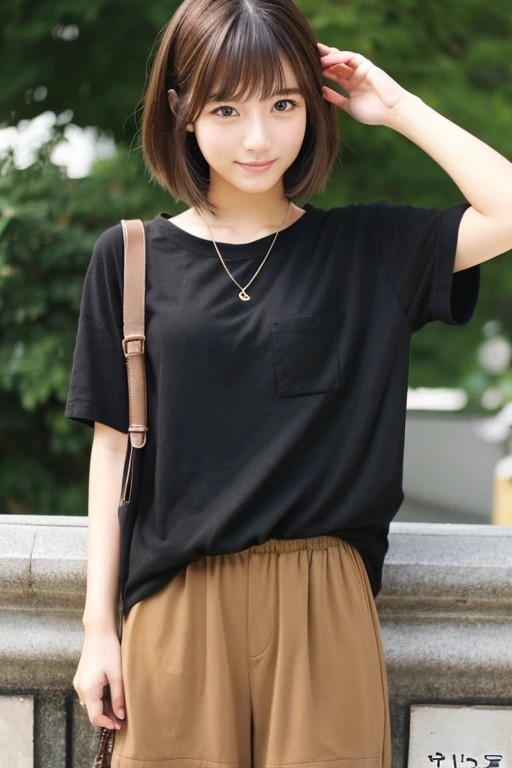 (((A girl sitting across from me at a coffee shop、The man filming it)))、(High resolution:1.3), (16k, Photorealistic, Raw photo, Best image quality: 1.4), Japanese, (One Girl), (Black-haired、short hair:1.3), Beautiful Hairstyles, (Realistic Skin), Beautiful skins, attractive, 超A high resolution, Surreal, High detail, Golden Ratio, Highly detailed cute girl,(20-year-old)、Oversized T-shirt、accessories