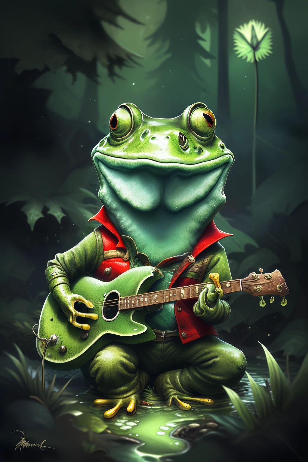 "A funny frog amphibian playing guitar in a coniferous swamp, mysterious atmosphere, filtered light, realistic details, deep guitar texture, dense foliage, subtle shadows"