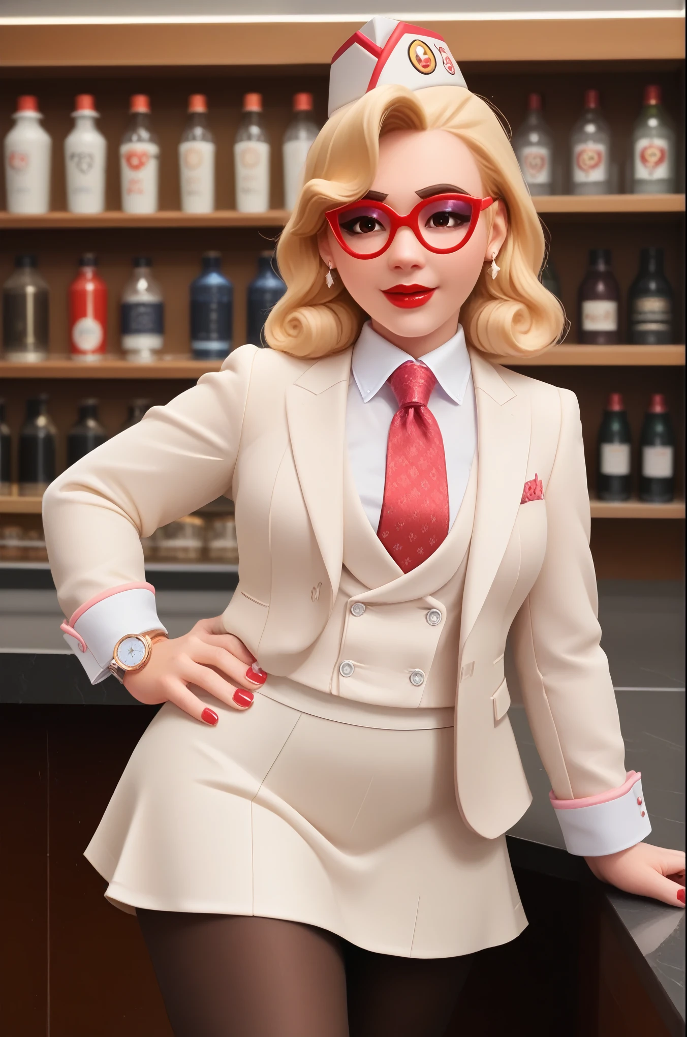 score_9, score_8_up, score_7_up, 1girl, sprinkles mei, mei (overwatch),  three-piece suit, 1girl, solo, blonde hair, glasses, sprinkles mei, smile, pretty, formal, jewelry, white skirt suit, red silk necktie, earrings, jacket, shirt, standing, hand on hip, window, watch, jacket, wristwatch, white shirt, red lips, skirt, (((bodycon pencil skirt))), makeup, pantyhose, cufflinks, red nails, fully clothed, red lipstick,   in a 50´s restaurant, long sleeves