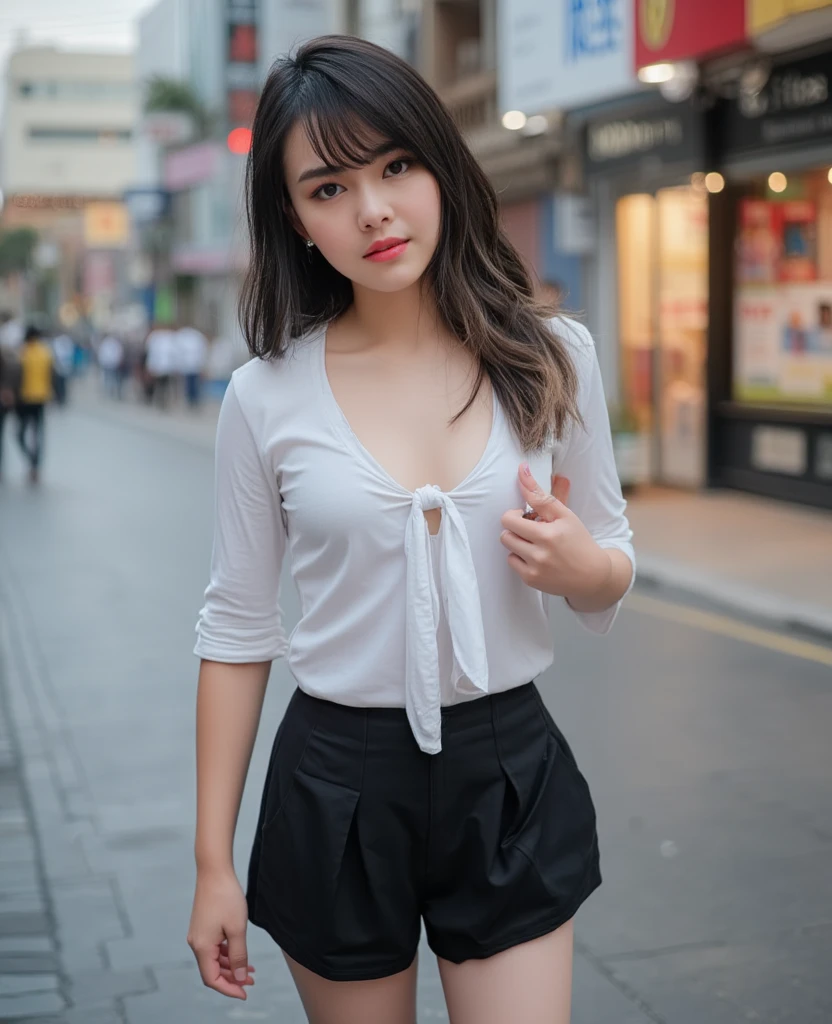 1girl, beautifull face, beautifull eyes, fluffy long hair, medium breast, cleavage, erotic, seductive, black skirt, short skirt, white shirt, short sleeves, fullbody view, looking at viewer, on street, high detailed skin, detailed background, 8k uhd, dslr