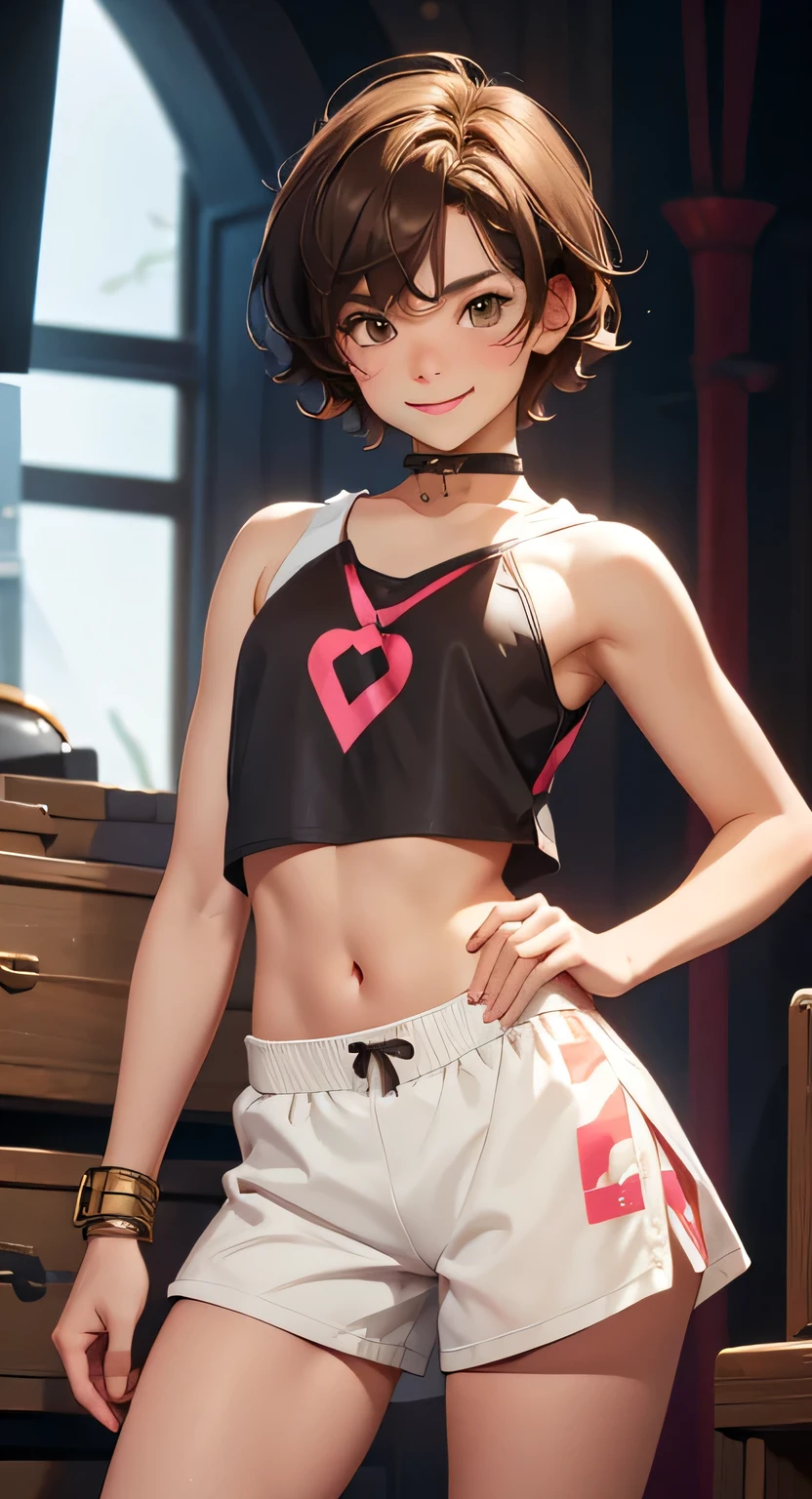 (masterpiece, best quality)),((highres:1.2)), 1 Girl, solo, Blurred Background, (((Small breasts))), Thighs, (Groin), gray stripe underwear, (long T-Shirts:1.3), (pixie cut:1.3), [[navel]], cheek, Excited pose