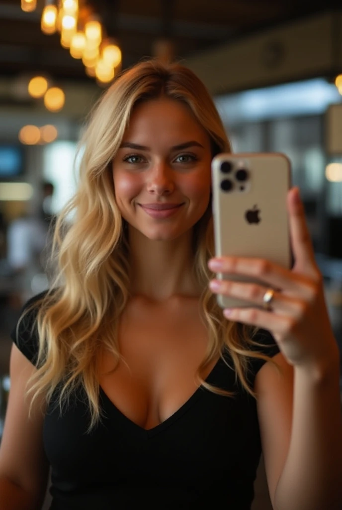 A 23-year-old blonde woman, ((pechos grandes)), ((hiperrealismo)) ,. blonde hair with light brown roots. cabello rubio, Hair with brown roots, cabello extra largo, cabello muy largo, really long hair, Beautiful, Front view, selfie, photo taken with iPhone, elegant green dress with escote, escotada, selfie in the rose garden, high quality, selfie iPhone, cleavage