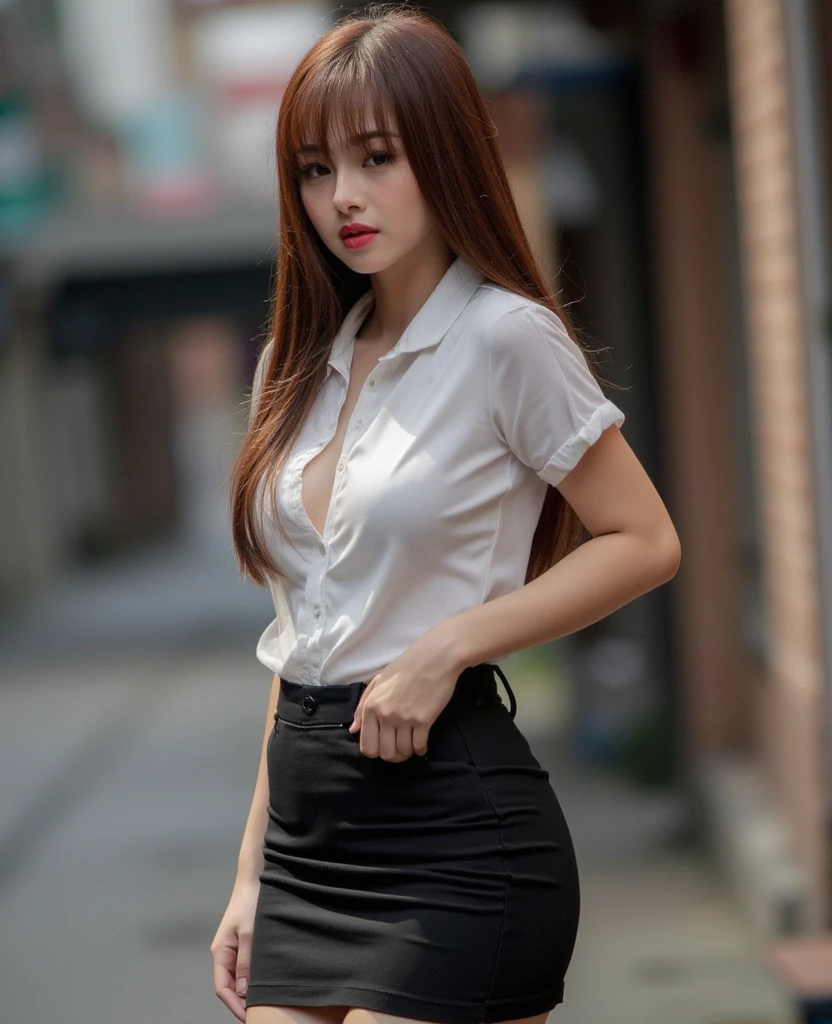 1girl, beautifull face, beautifull eyes, fluffy long hair, medium breast, cleavage, erotic, seductive, black skirt, short skirt, white shirt, short sleeves, fullbody view, looking at viewer, on street, high detailed skin, detailed background, 8k uhd, dslr