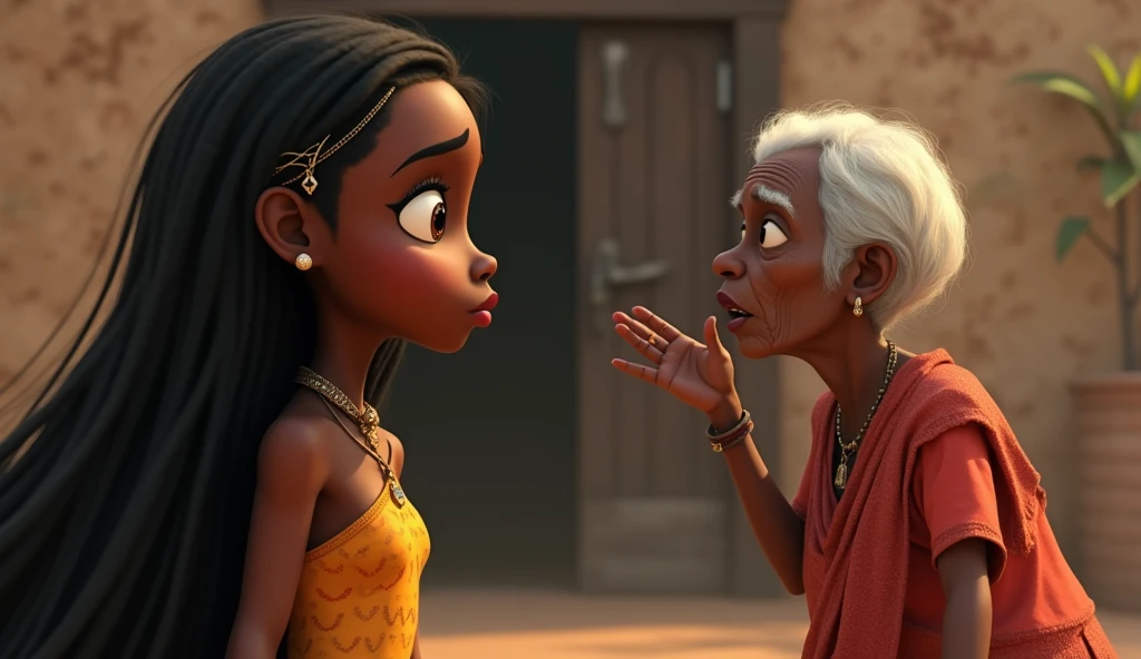 An image of a beautiful African female shouting at an African old woman with bent waist and walking stick and on the floor shouting at the woman in a text "stupid old hag" with an angry expression on her face. realistic 3d image illustration in african village setting picture should be in a 16:9 ratio 
