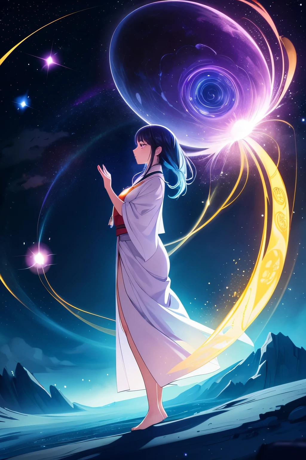 Like a glowing Amaterasu, “a serene mystical scene in which a woman stands in a meditative pose, surrounded by flowing golden energy and the floating words of ancient script. The sky is a mixture of twilight purple, deep blue, and twinkling stars. Behind her blooms a giant translucent lotus flower, radiating rays of light. Around her, particles of light, symbolizing the law of attraction, hover in the air. In the background, distant galaxies swirl, suggesting cosmic connections

Translated with DeepL.com (free version)