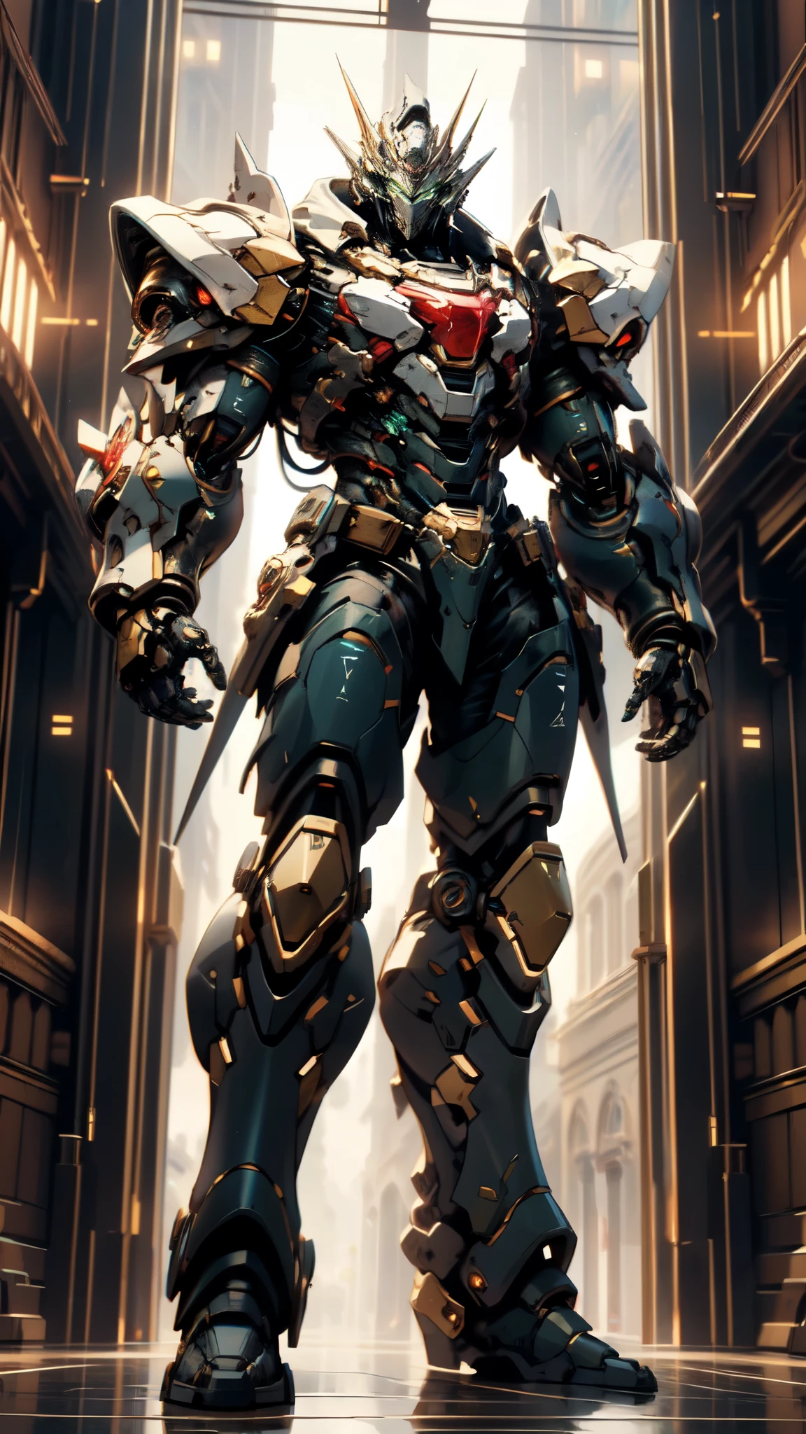 (masterpiece:1.5, best quality:1.5, extremely delicate:1.5), ((male:1.5)), Biomimetic humanoid Mecha, green eyes, fully enclosed shoulder guards, matching arm and leg guards, gemstone, full body, full armor, the design balances heavy with agility, organic biotech armor, (the color scheme is primarily White with Blue and Red accents, concept Inspired by Lion, glowing eyes, the armor glows), standing, floating high above the futuristic sci-fi city, exquisite and mature art style, metallic, dramatic, high definition, highres, ultra-detailed, ultra-fine painting, professional, anatomically correct, symmetrical face, extremely detailed eyes and face, high quality eyes, creativity, RAW photo, UHD, 32k, Natural light, cinematic lighting, (masterpiece-anatomy-perfect:1.2)