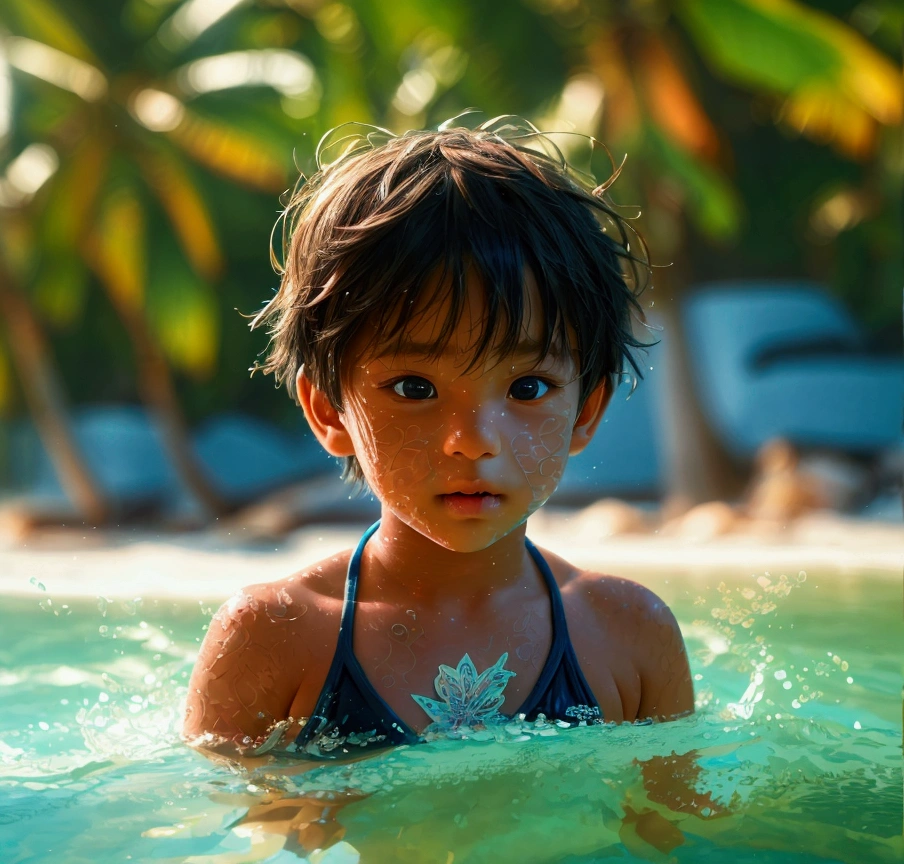 a young boy in a swimsuit, tropical beach background, (best quality,4k,8k,highres,masterpiece:1.2),ultra-detailed,(realistic,photorealistic,photo-realistic:1.37),award-winning illustration,(intricate details:1.2),(delicate details),(intricate details),cinematic lighting,vibrant colors,dynamic composition