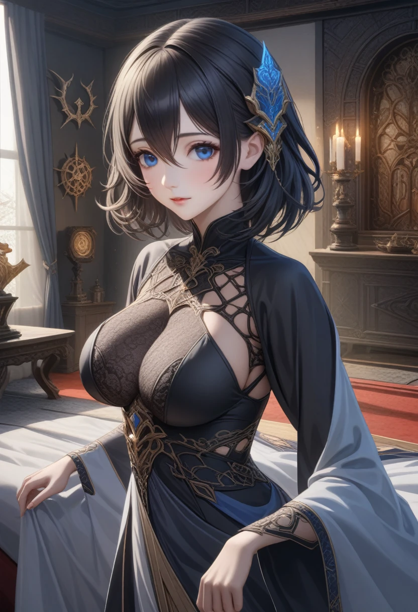 (masterpiece:1.4), (highest quality:1.4),Cute beautiful girl、Cute beautiful eyes、 (Perfect Face)、very cute、Large Breasts、Royal costume revealing nipples and genitals、short hair、Black Hair、(pubic hair:1.3)