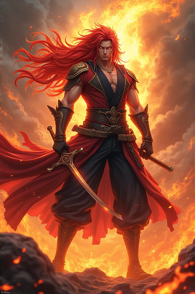 ((Masterpiece)) ((Ultra-detailed)) ((Fantasy)) An 19 years old boy, Red mullet hair, Scar on eye, Perfect figure, anime face, perfect muscle, shoulder, bicep, tricep, holding heavy sword, perfect art, Glowing red particle, at battlefield on sunset