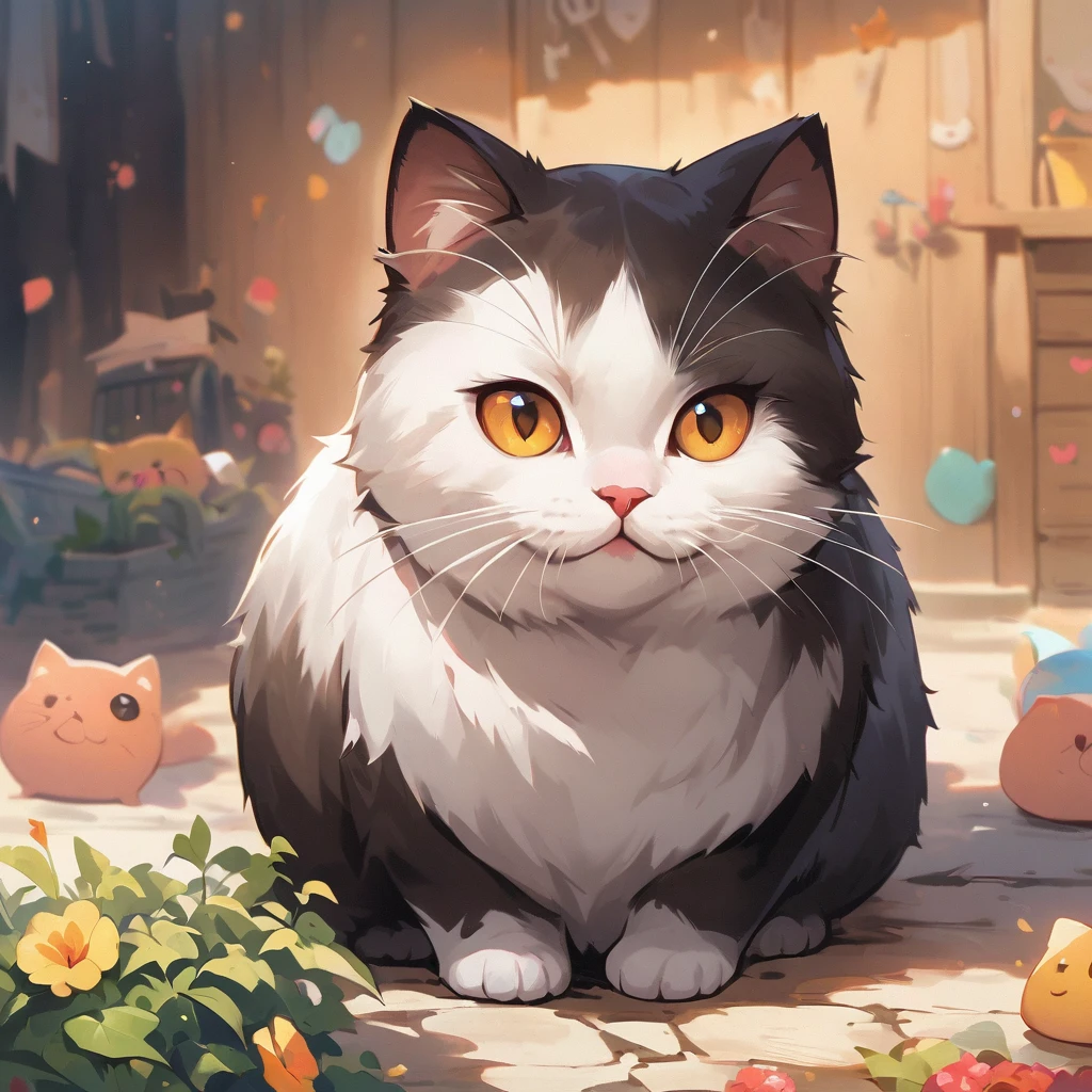 masterpiece, best quality, movie still, 1 girl, cute, tuxedo cat, tuxedo cat cloug, floating in the sky, close-up, bright, happy, warm soft lighting, ghibli style, anime, book, sunset, (sparks:0.7)