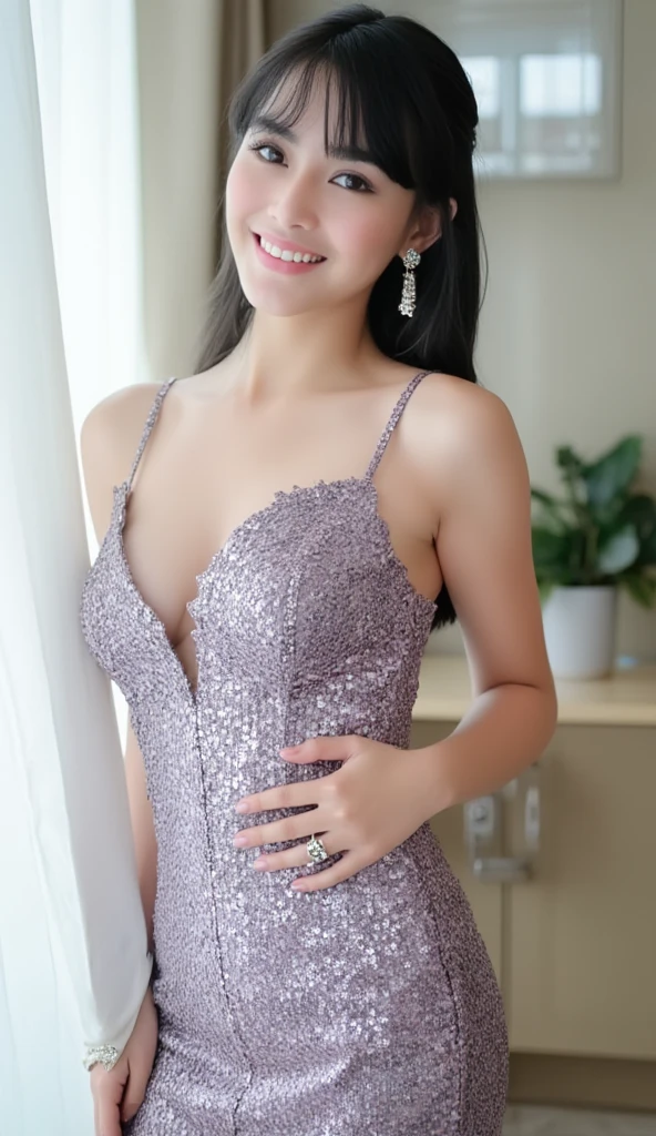 Half-length glamour portrait, nikon D850, f1.6 lens, 200mm, DSLR, 22 Megapixels, (((Luxury hotel with marina views scene))), shot of a stunning 19 years old korean girl, (smile:1.4), (wearing lavender sequin sheath dress:1.6), ((seductive pose)), hot girl, (((big natural breasts))), (((black fringe hair))), (small girl), symmetrical face, photorealistic, photography, (bright natural lighting), gorgeous, deep cleavage, (masterpiece), best quality, high resolution, extremely detailed, cinematic lighting, (((very narrow waist))), rich colors, hyper realistic, lifelike texture, ((jewelry)), (((She has beautiful hands and wears rings))), (bracelet), (necklace), (ankle chain), (nail polish) (earrings), Fuji Superia 200, 8k
