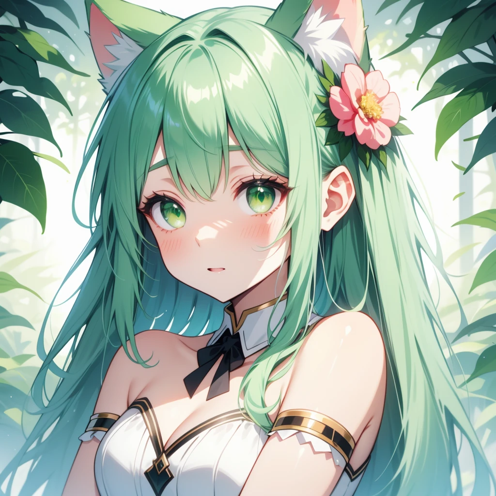 Wolf ears，1 female， Slightly shy， Grip Cheek Flower Hair Trim，green hair，Green eyes