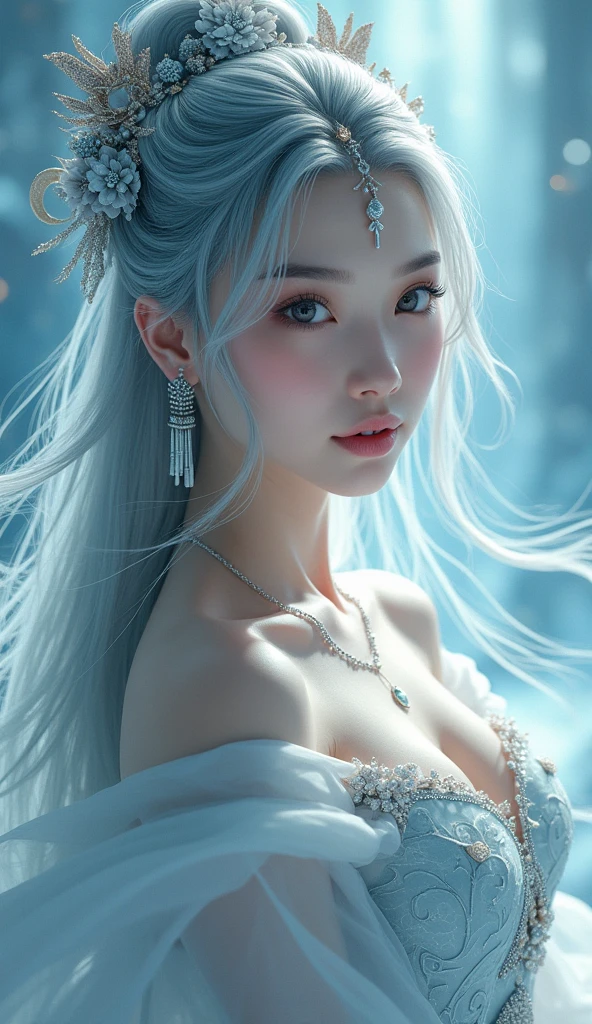 (((masterpiece))), highest quality, figure, 4k wallpaper, Cinematic Light, Absurd, One girl,(snow,ice), Snow Flower, In winter, Gray Hair, Shiny Hair, Wavy Hair, Transparent clothes, Frills, race, Wet clothes, off_shoulder, Hair Scrunchie,masterpiece, telescope lens, Absurd, Graceful featureovie Posting,Poster composition,Strike a pose gracefully,classical,Natural light,Soft Light,(7 Doppelgangers) ,amazing,Dreams are magical,Mysterious、Ecstasy