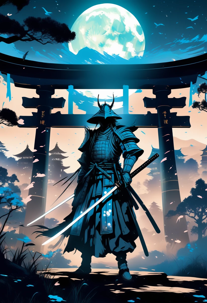 the samurai at night with her sword,   screen-printed in light black and blue ,  An Epic Fantasy Scene , Night Samurai with a Sword  ,