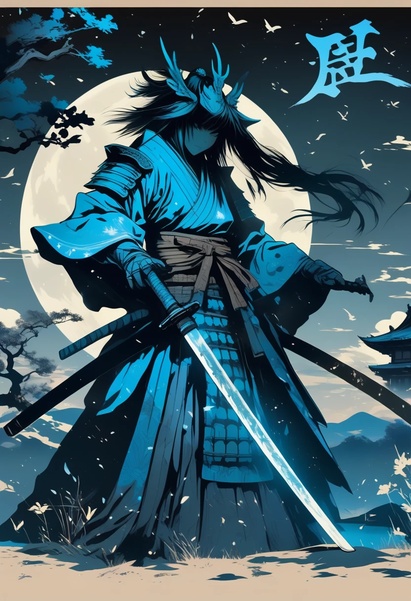 the samurai at night with her sword,   screen-printed in light black and blue ,  An Epic Fantasy Scene , Night Samurai with a Sword  ,