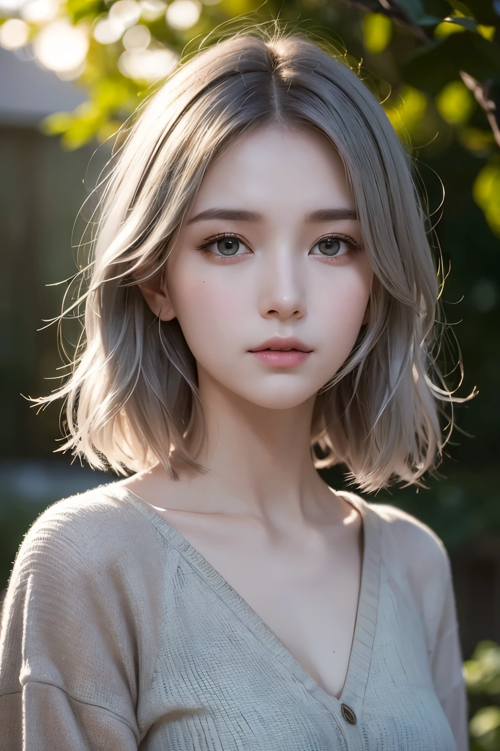 (Young woman), soft small smile, pale green eyes, ((detailed face, professional photo)), ultra high resolution, (realism: 1.4), RAW photo, (photorealistic stick), (dark silver-gray short bob hair with gentle waves), (cotton work clothes in muted colors, layered clothing), close-up, elegant portrait, autumn garden at dark twilight, dusk, sunset, dead leaves on dead branches, Tyndall effect, dramatic and sacred atmosphere, deep shadows, atmospheric perspective, soft focus, masterpiece,