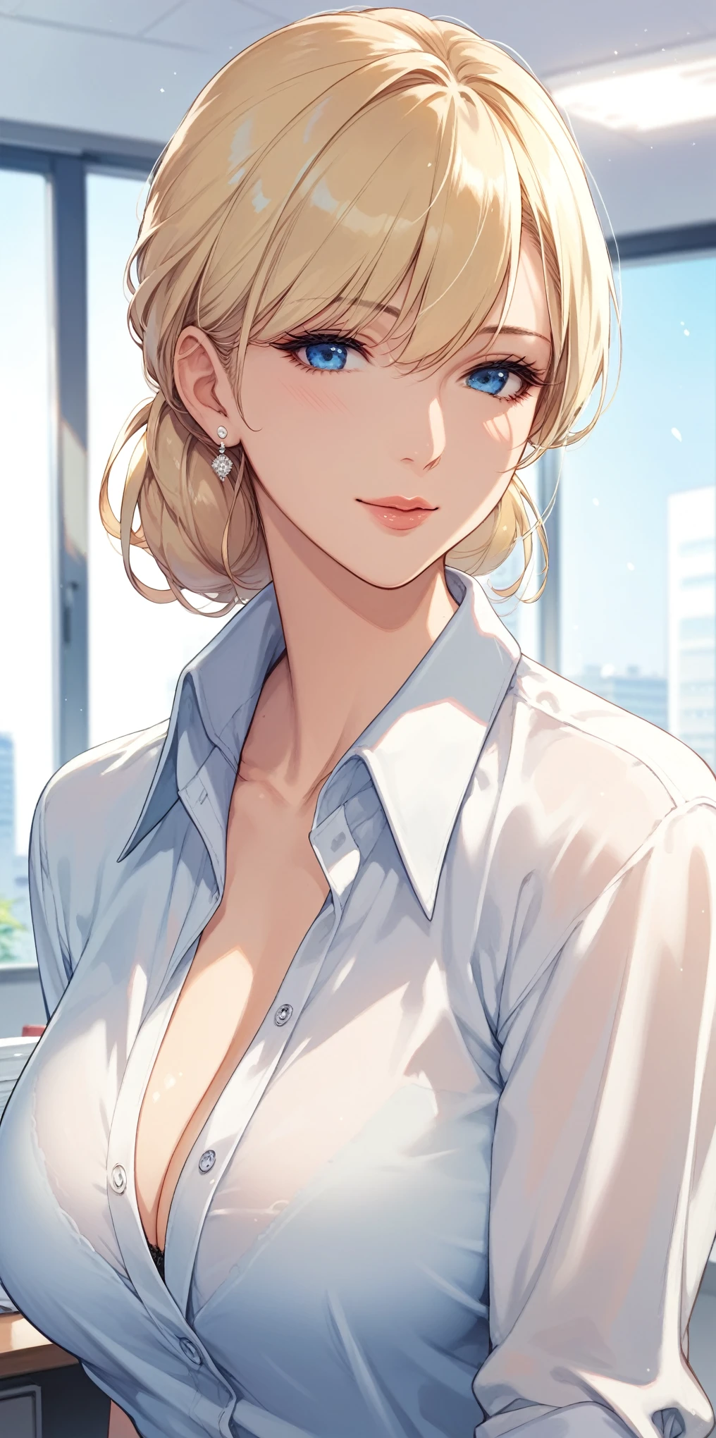 score_9, score_8_up, score_7_up, blonde, chignon hair, blue eyes, perfect eyes, anime lady, elegant mature woman, cool facial expression, office shirt, soft light