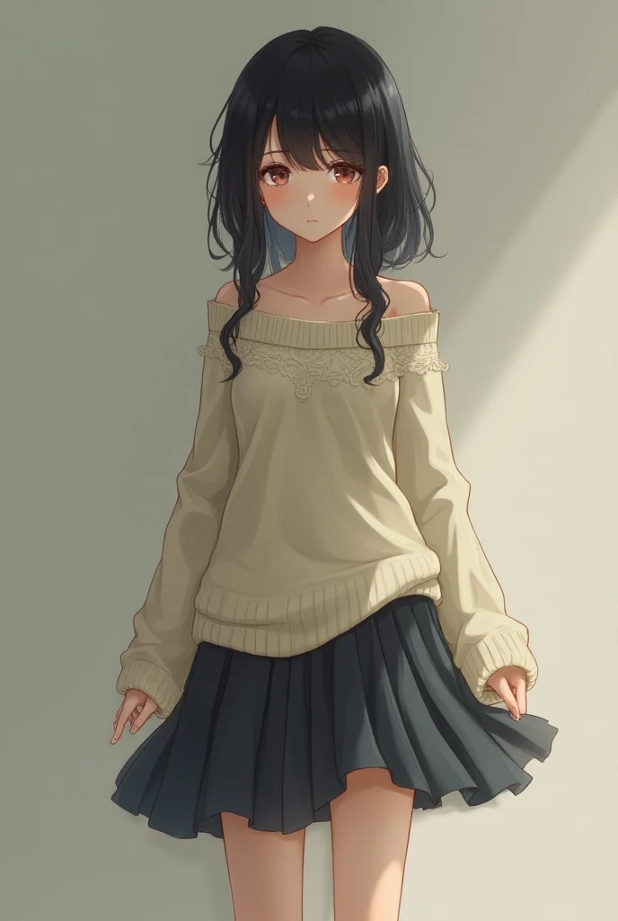 (best quality), 1girl, female, pale skin, (black hair), blonde ombre, medium hair, messy hair, hair over eyes, (brown eyes), perfect eyes, dark circles under eyes, skinny body, , flat chest, off-shoulder_sweater, pleated skirt, striped_legwear, childish, masterpiece, anatomically correct, highres
