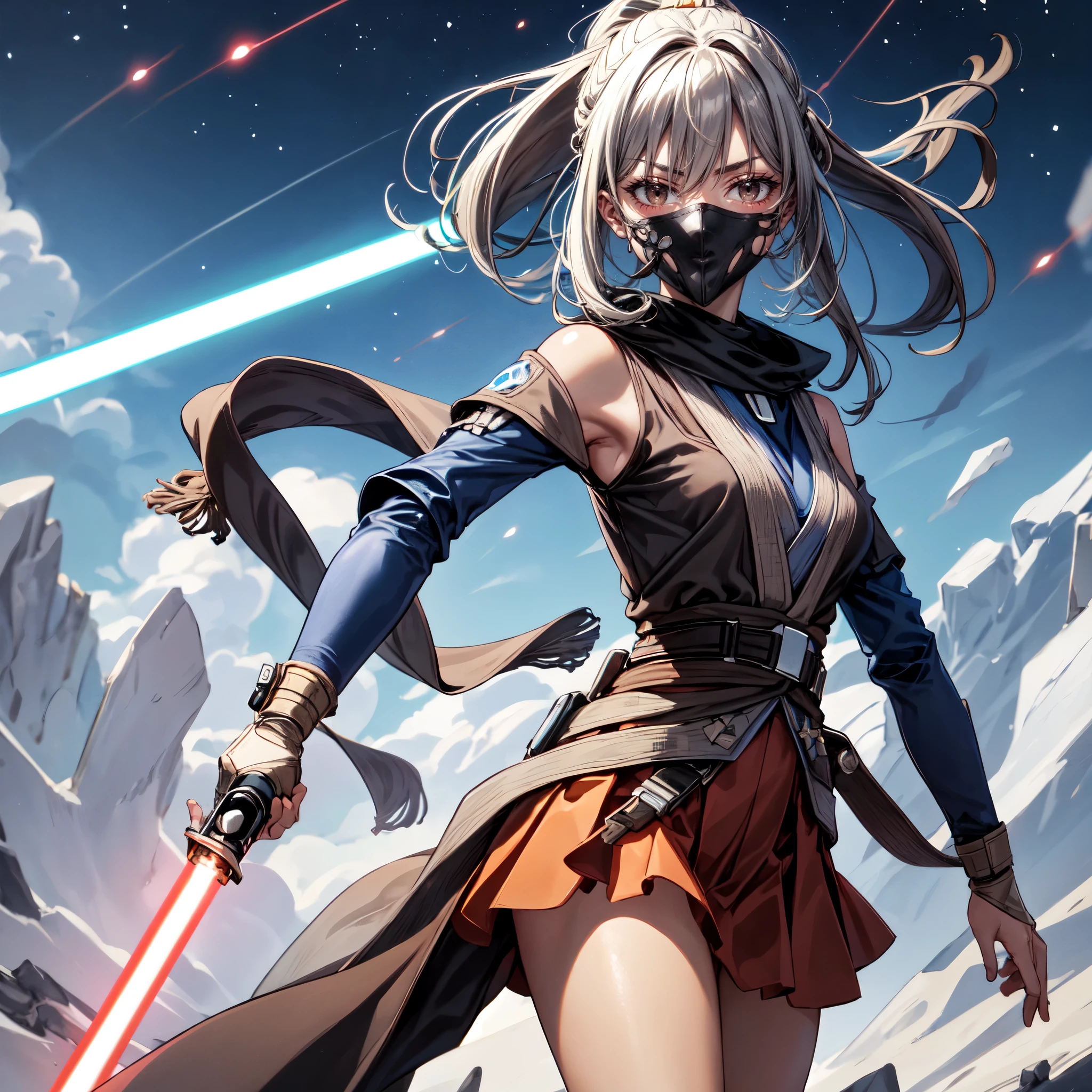  1 girl, Jedi Master holding a lightsaber, Long Skirt,Dark brown skin,Small breasts,solo, STAR WARS,accurate,  anatomically correct , mask, 