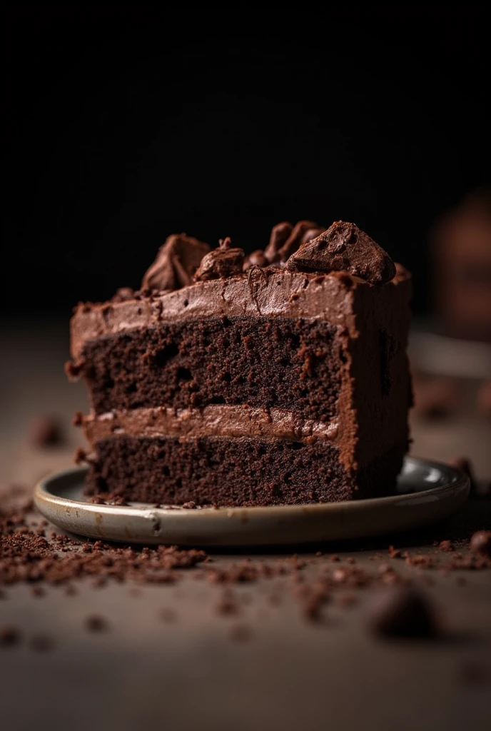 cinematic film still chocolate, chocolate cake, dark background, quality photo, moist texture, frosting, studio photo, slice . shallow depth of field, vignette, highly detailed, high budget, bokeh, cinemascope, moody, epic, gorgeous, film grain, grainy