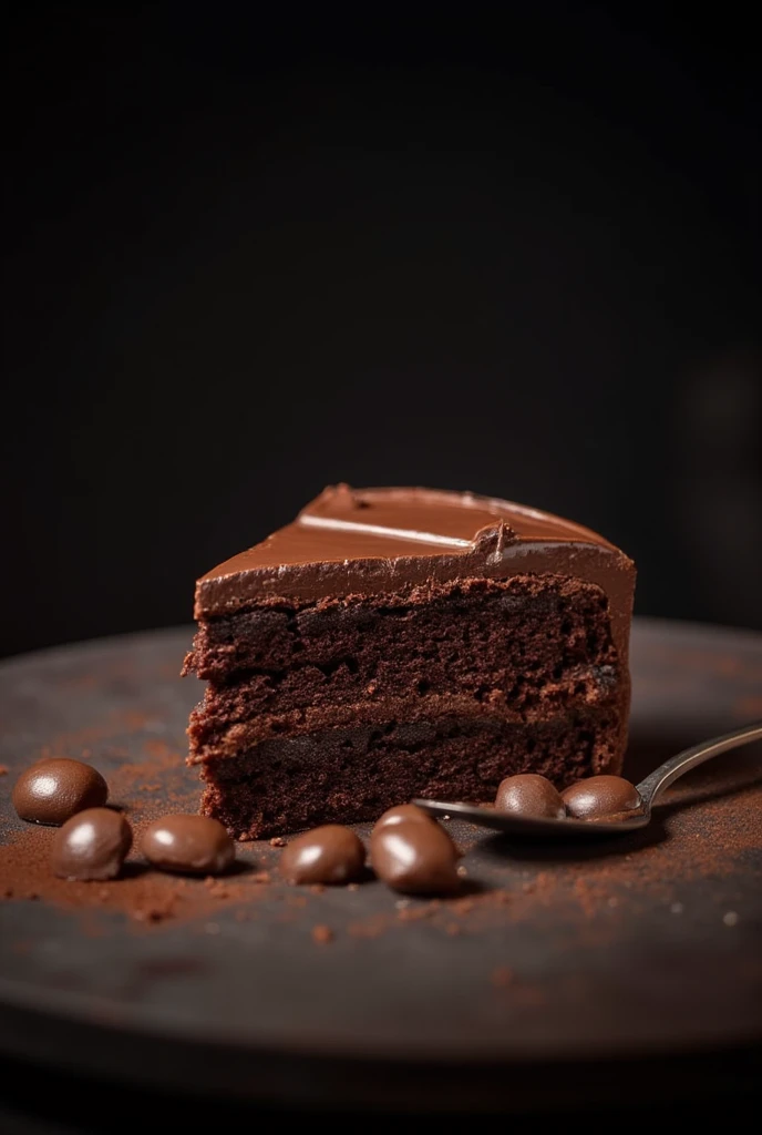 cinematic film still chocolate, chocolate cake, dark background, quality photo, moist texture, frosting, studio photo, slice . shallow depth of field, vignette, highly detailed, high budget, bokeh, cinemascope, moody, epic, gorgeous, film grain, grainy