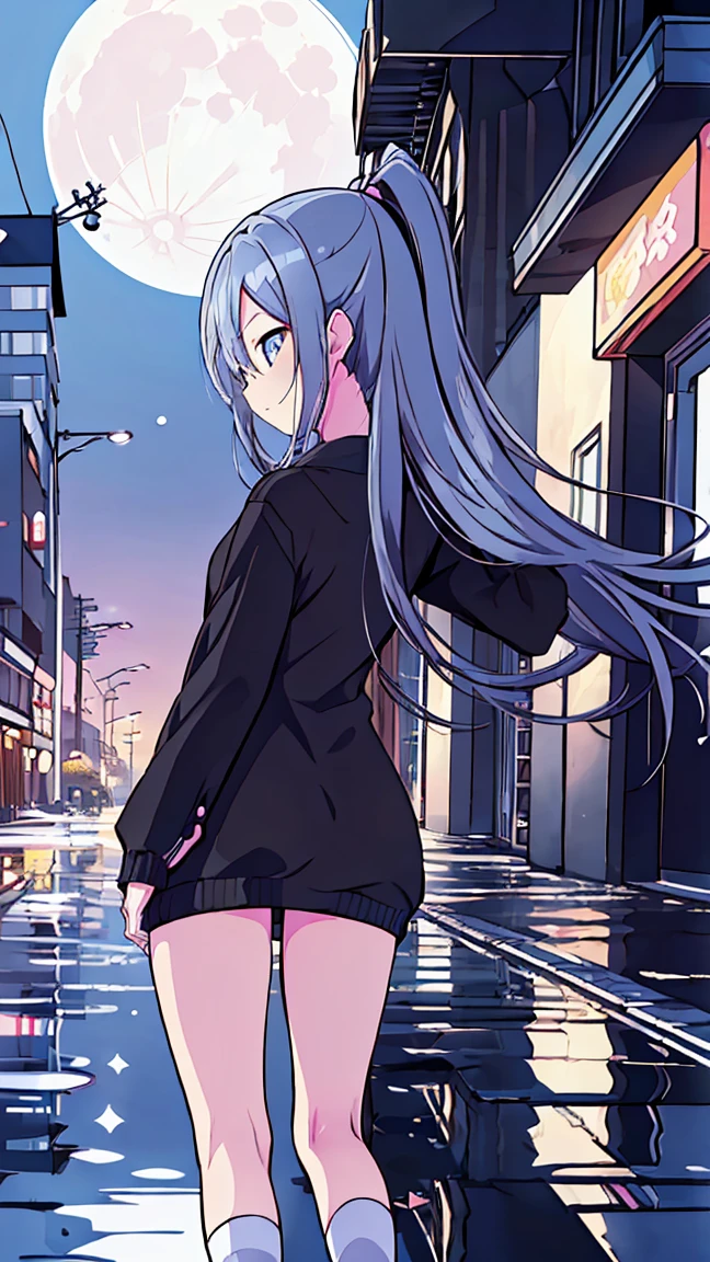 masterpiece, Best Quality,  High Resolution ,  very detailed,(((Yozaki Kanade))), ((( Black Dress))), (((Standing at a distance))), (((Positive。))), (((Around town))), (((Full moon background))), (((White socks))), (((night))), (((Puddle))),