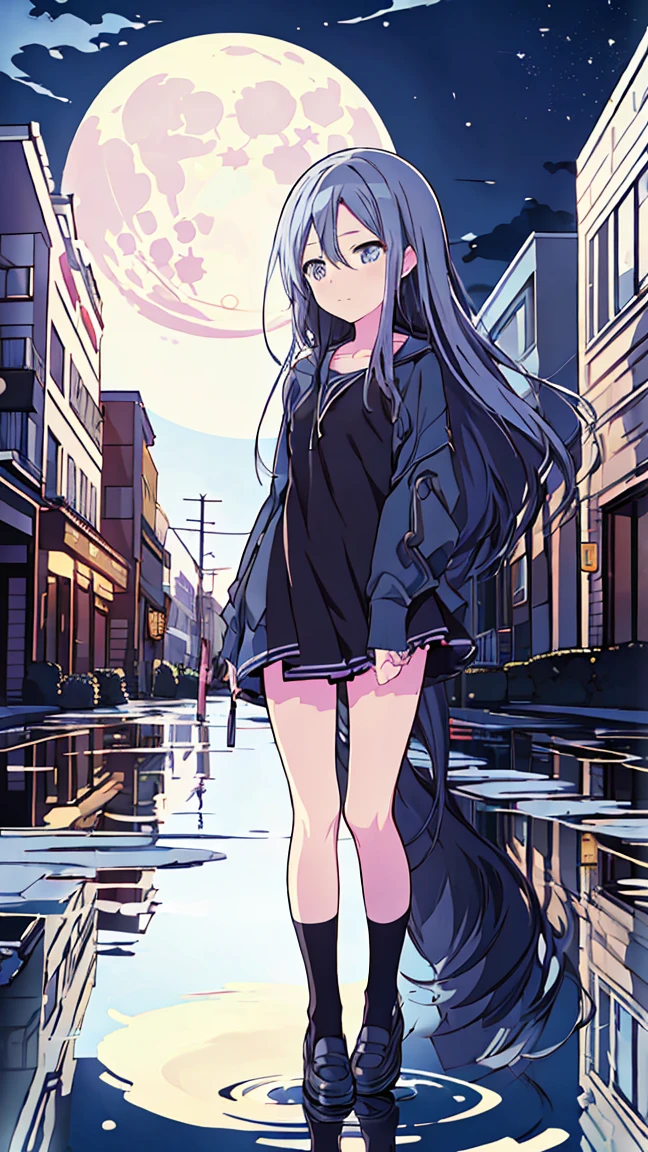 masterpiece, Best Quality,  High Resolution ,  very detailed,(((Yozaki Kanade))), ((( Black Dress))), (((Standing at a distance))), (((Positive。))), (((Around town))), (((Full moon background))), (((White socks))), (((night))), (((Puddle))),