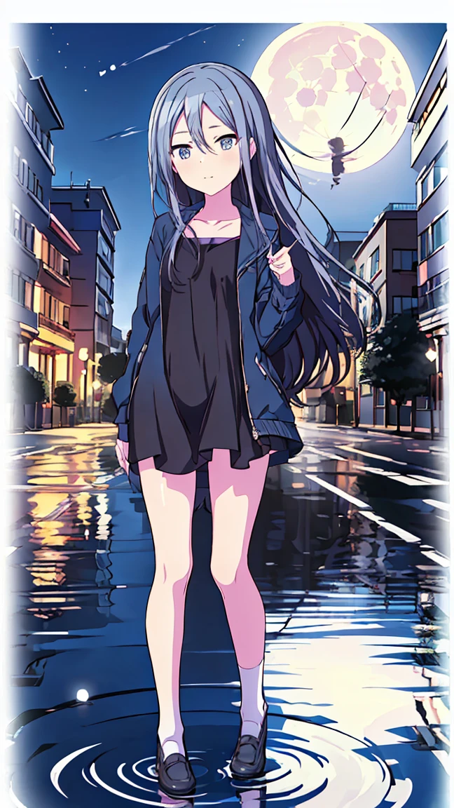 masterpiece, Best Quality,  High Resolution ,  very detailed,(((Yozaki Kanade))), ((( Black Dress))), (((Standing at a distance))), (((Positive。))), (((Around town))), (((Full moon background))), (((White socks))), (((night))), (((Puddle))),