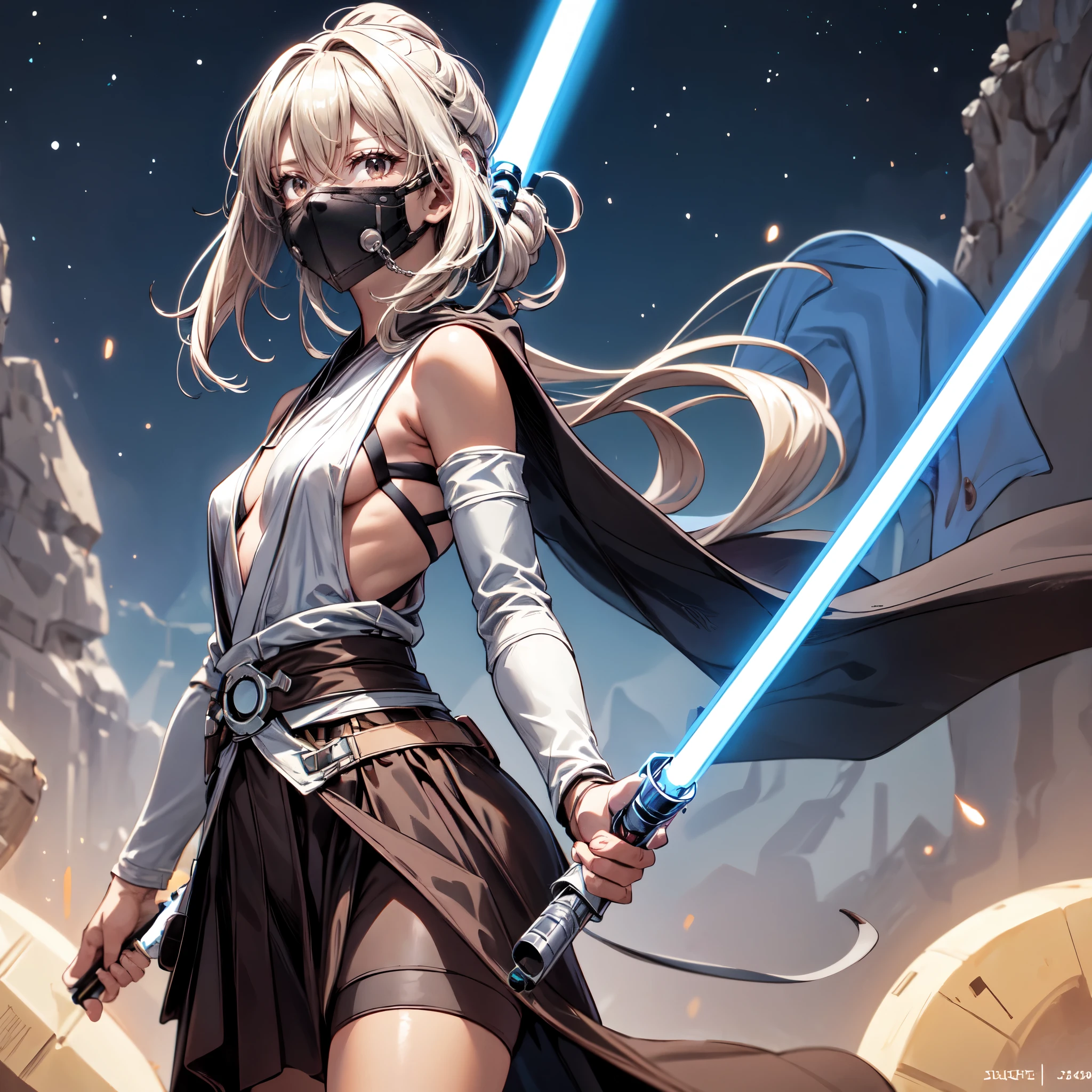  1 girl, Jedi Master holding a lightsaber, Long Skirt,Dark brown skin,Small breasts,solo, STAR WARS,accurate,  anatomically correct , mask, 