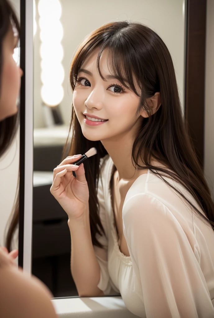 Take a picture of a woman's face while wearing makeup through a mirror, Woman photographed from behind, Woman sitting in front of a mirror, Upper body details, Detailed Hair,Detailed face,Detailed eyes, Mouth details,Natural look, Detailed hands,masterpiece,8k,16k,photograph,photographのようにGenuine,生のphotograph,Glowing Skin, model body type,Big Eyes,Genuine,Japanese women, working person around 27 years old , so beautiful,japanese idol, slightly embarrassed expression , smile, Mature, dresser, Makeup room,