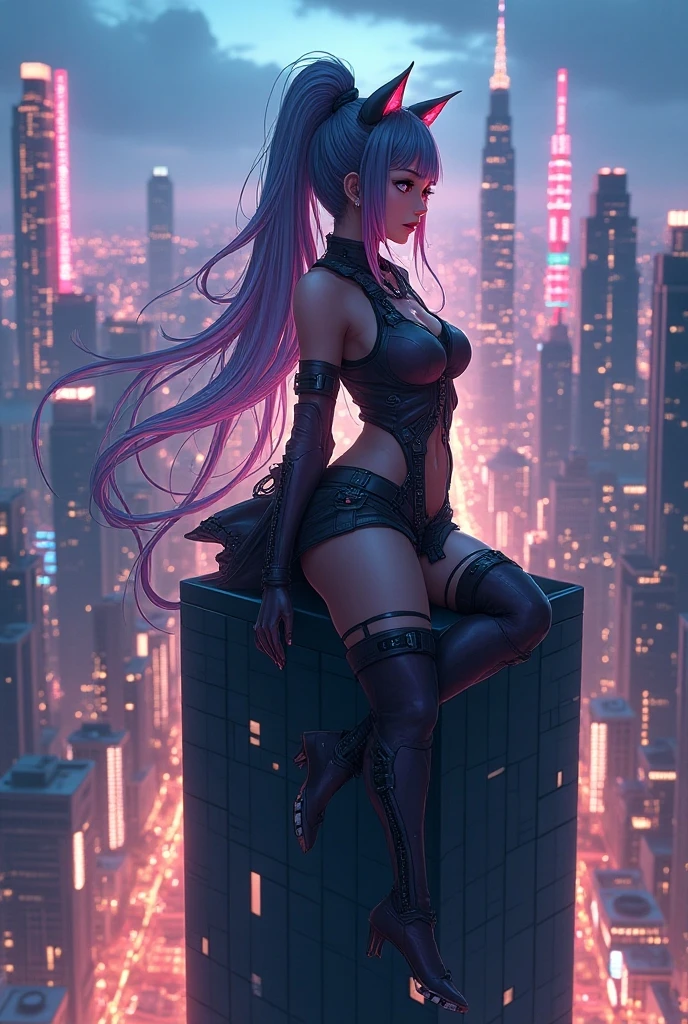 stunningly beautiful young woman with a slim build, medium-sized chest, and long flowing hair, wearing big boots, black stockings, a cut-off t-shirt, and a short jacket that shows her stomach. She should appear a bit low on energy. She is sitting on a ledge overlooking a busy city at night, with a futuristic cityscape in the background featuring neon lights and flying cars. Ensure the image is in 8K resolution and has correct lighting, using vivid colors with complementary tones.