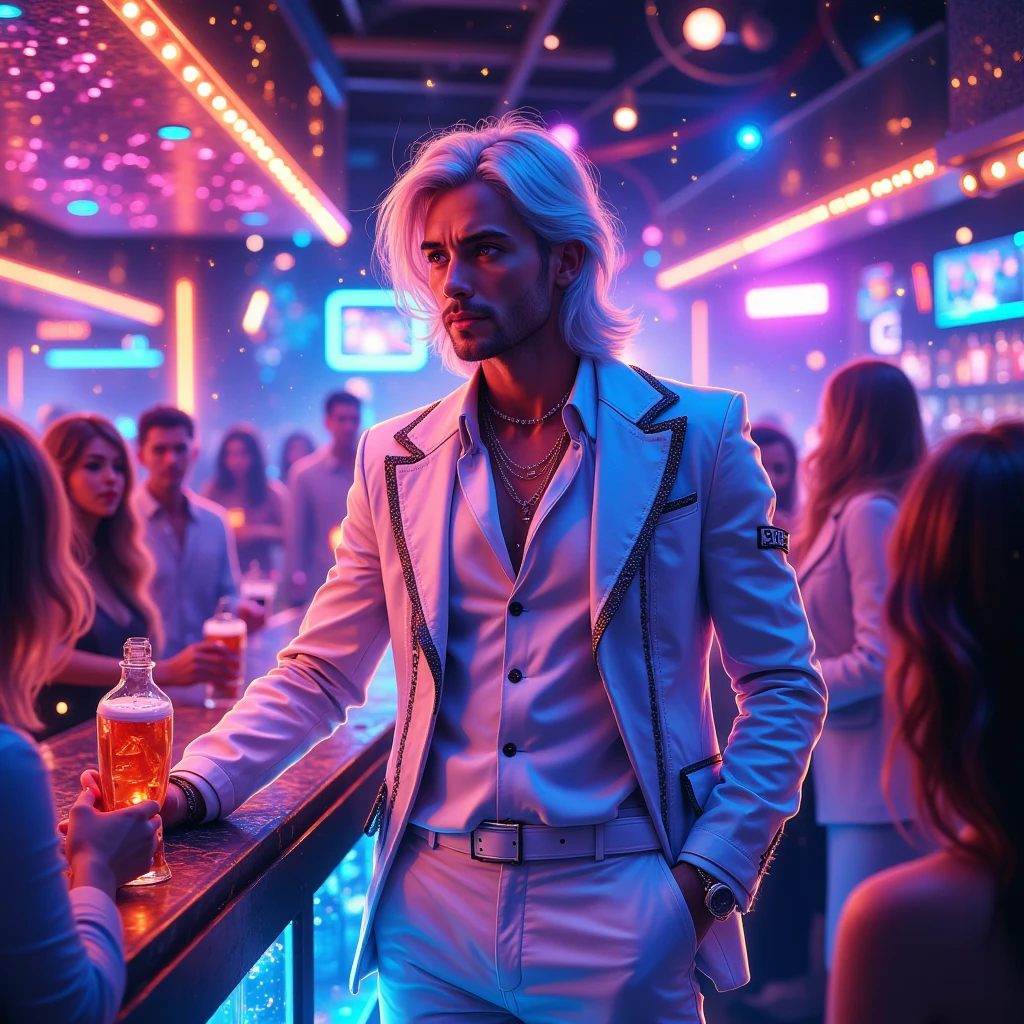 Bar Party, People Have Fun , Very detailed, Quality 16K ,  high resolution , realism, Colorful Colors, Game of Shadows, lights,  Little Diodes On The Ceiling , neon light, under Svetka neon Drinks at the Bar,  The Bartender Is Standing In A Beautiful White Outfit With A Black Jacket, excellent detailing,  intricate details , Sh1k, Shine, masterpiece, not nsfw, 