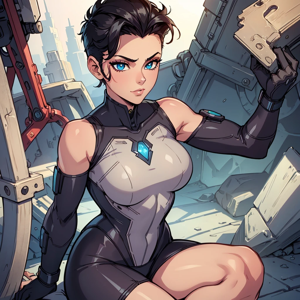 (work of art, Best quality, absurd, 4K, aesthetics, perfect eyes, perfect face, detailed, intricate, Perfect Lighting) 1 girl with fair skin, short dark hair shaved on the sides, Anissa from Invincible, Viltrumite suit