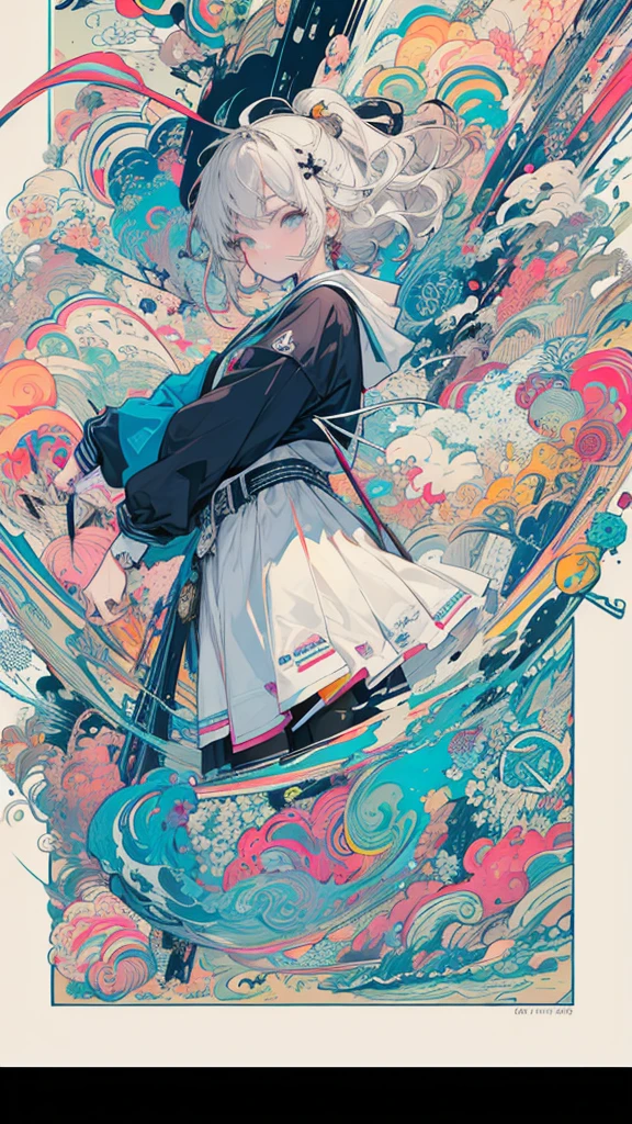 One girl, Simple Background, High resolution, masterpiece, accurate, Anatomically correct, Winner of numerous awards, 最high quality, High detail, high quality, Very detailed, Ultra high definition, Random hair color,Random hairstyle,Flat Color,No lines,Original illustration composition,Streetwear Fashion,2D,Double Exposure,complicated,Geometric ornament,Poster,Geometric art style、Cool Style,Movement illustration, ダークなスタイル