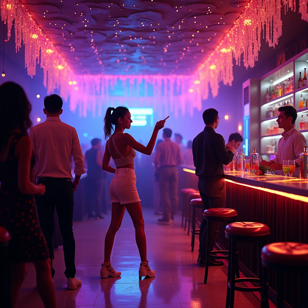 Bar Party, People Have Fun , Very detailed, Quality 16K ,  high resolution , realism, Colorful Colors, Game of Shadows, lights,  Little Diodes On The Ceiling , Girl Dances on the Dance Floor, neon light, under Svetka neon Drinks at the Bar,  The Bartender Is Standing In A Beautiful White Outfit With A Black Jacket, excellent detailing,  intricate details , Sh1k, Shine, masterpiece, not nsfw,