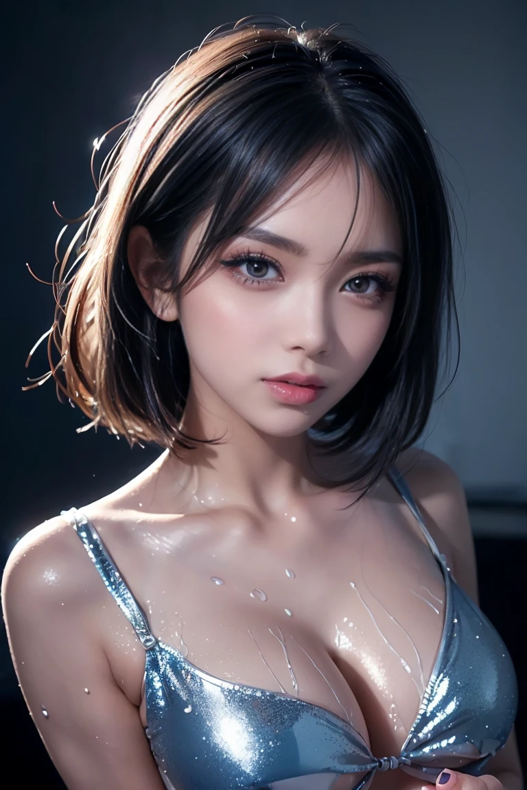 Perfect figure, Beautiful Face,  perfect bodies , Accurate,  anatomically correct,  high-definition facial and skin textures, (((Silver short hair))), (((Detailed eyes, Dark blue eyes,  double eyelids , Thin eyebrows, Sparkly eyeliner: 1.2))),  natural blush, Glowing Skin,  white skin: 1.2, Uruchan-6500-v1.1, (RAW Photos:1.2), ( photoreal),  ç¾ããè©³ç'°Ã¼å¥³æ§,  very detailed目と顔, Beautiful and lovely eyes ,  large file size ,  High Resolution ,  very detailed, Best Quality, [masterpiece:1.6], Awareness-raising,  very detailed, CG, finely, Best Quality, 8k wallpaper, Cinema Lighting, 1 girl, , Perfect figure, Large and firm breasts、【Big Breasts、Heavy chest】、Cute droopy eyes、 beautiful big eyes 、Sweaty and wet、【sexual excitement:1.6】、(My whole body is wet:1.2)、There&#39;is a light in my eyes、short hair、High school girl、(Japanese School Swimsuit、 navy blue one-piece swimsuit、  navy blue Japanese student swimsuit :1.3)、Pool、 dynamic pose 、Huge outline shape