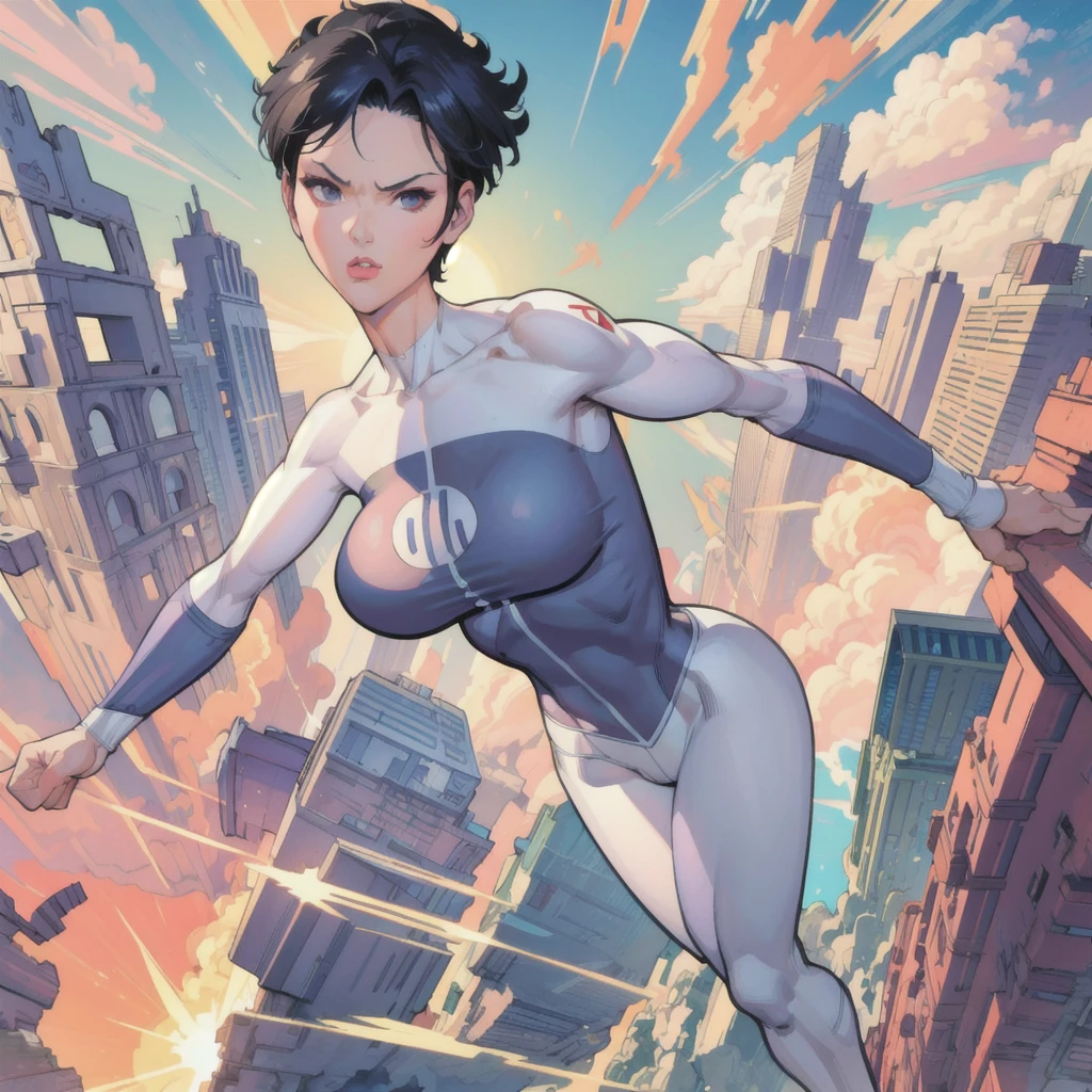 masterpiece, best quality, 1girl, anissa, solo, black hair, short hair, breasts, muscular, bodysuit, hands on hips, destroyed city, ruined city background 