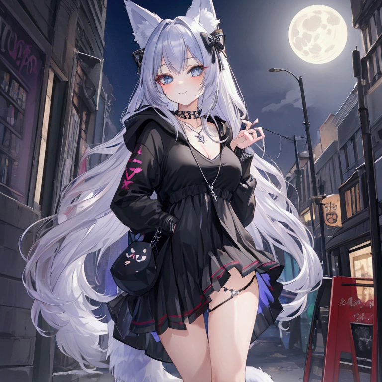  Best quality,  masterpiece,  HD,  Exactly,  rhinestones,  Night,  Full moon,  vor Shop,  Fox girl, fuchsohr, fox tail opened hoodie , schwarz, costs, playful ,schwarz, necklace,  Cross,  very short pleated skirt, schwarz/rot, black overknees transparent,  high heels elegant sexy shoes,  black panties,  cola in hand , ****pop in hand ,sweet smile,  cute bunny backpack , bluesilver hair, very very very long hair,   blue-gray eyes ,  put on wall,  