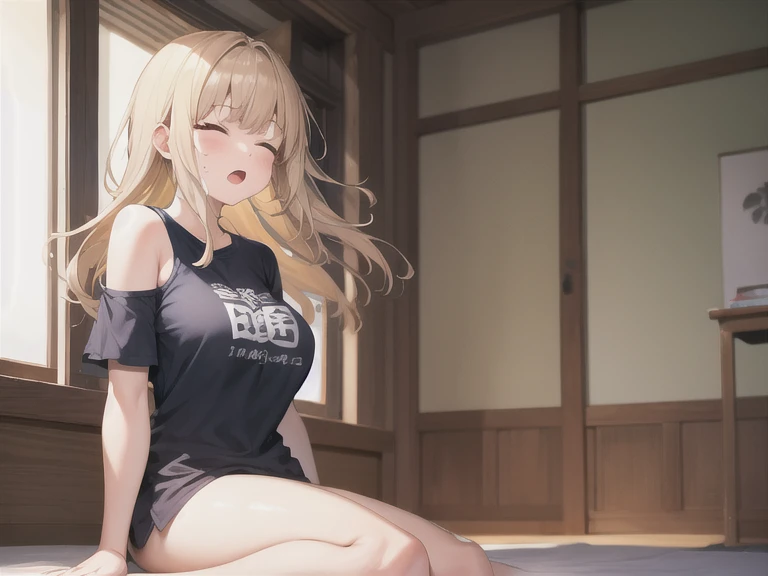 absurdity,     high resolution  ,  top quality , 扇wind機, 1 girl, Seiza, Plus size clothing, shiina mahiru, T-shirts, bottomless, bare shoulders, wind, wind lift,   blonde hair  ,   Long hair, open your mouth, eyes closed, Leg spread, indoors, sweat,super big , E-cups, Powerful thighs, see-through, floating hair, blunt bangs, masturbation, big penis 